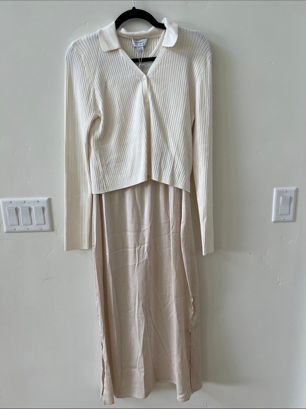 Seraphine Maternity Cream Rib-Knit Collared Dress with Slip Skirt